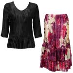 Sets Satin Mini Pleat - Three Quarter Sleeve - Solid Black w/ Rose Floral - Berry Skirt