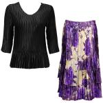 Sets Satin Mini Pleat - Three Quarter Sleeve - Solid Black w/ Rose Floral - Purple Skirt