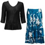Sets Satin Mini Pleat - Three Quarter Sleeve - Solid Black w/ White Tulips on Teal Skirt