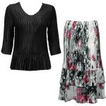Sets Satin Mini Pleat - Three Quarter Sleeve - Solid Black w/ White-Black-Pink Floral Skirt