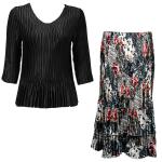 Sets Satin Mini Pleat - Three Quarter Sleeve - Solid Black w/ White-Black-Red Abstract Skirt