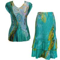 Sets Satin Mini Pleat - Cap Sleeve V Neck/Skirt - Swirl Aqua Blue