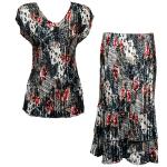 Sets Satin Mini Pleat - Cap Sleeve V Neck/Skirt - White-Black-Red Abstract