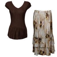 Sets Satin Mini Pleat - Cap Sleeve V Neck/Skirt - Solid Dark Brown - Beige Floral Skirt