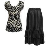 Sets Satin Mini Pleat - Cap Sleeve V Neck/Skirt - Block Print Black-Ivory - Black Skirt