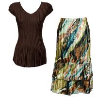 Sets Satin Mini Pleat - Cap Sleeve V Neck/Skirt - Solid Dark Brown - Earthtone Abstract Skirt