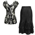 Sets Satin Mini Pleat - Cap Sleeve V Neck/Skirt - Ivory Floral on Black - Black Skirt