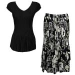 Sets Satin Mini Pleat - Cap Sleeve V Neck/Skirt - Solid Black - Ivory Floral on Black Skirt