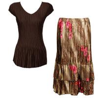 Sets Satin Mini Pleat - Cap Sleeve V Neck/Skirt - Solid Dark Brown - Marble Floral-Taupe Skirt