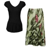 Sets Satin Mini Pleat - Cap Sleeve V Neck/Skirt - Solid Black - Multi Green Floral Skirt