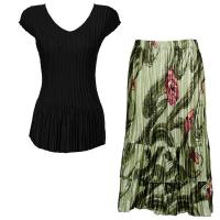 Sets Satin Mini Pleat - Cap Sleeve V Neck/Skirt - Solid Black - Multi Green Floral Skirt