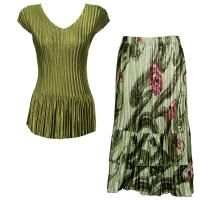 Sets Satin Mini Pleat - Cap Sleeve V Neck/Skirt - Solid Olive - Multi Green Floral Skirt
