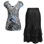 Sets Satin Mini Pleat - Cap Sleeve V Neck/Skirt - Reptile Floral-Blue - Black Skirt