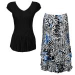 Sets Satin Mini Pleat - Cap Sleeve V Neck/Skirt - Solid Black - Reptile Floral-Blue Skirt