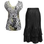 Sets Satin Mini Pleat - Cap Sleeve V Neck/Skirt - Reptile Floral-Green - Black Skirt