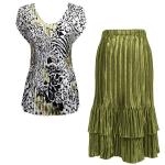 Sets Satin Mini Pleat - Cap Sleeve V Neck/Skirt - Reptile Floral-Green - Olive Skirt