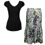 Sets Satin Mini Pleat - Cap Sleeve V Neck/Skirt - Solid Black - Reptile Floral-Green Skirt