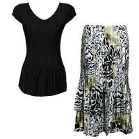 Sets Satin Mini Pleat - Cap Sleeve V Neck/Skirt - Solid Black - Reptile Floral-Green Skirt