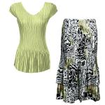 Sets Satin Mini Pleat - Cap Sleeve V Neck/Skirt - Solid Celery - Reptile Floral-Green Skirt