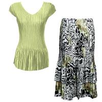 Sets Satin Mini Pleat - Cap Sleeve V Neck/Skirt - Solid Celery - Reptile Floral-Green Skirt