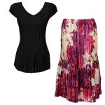 Sets Satin Mini Pleat - Cap Sleeve V Neck/Skirt - Solid Black - Rose Floral-Berry Skirt
