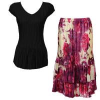Sets Satin Mini Pleat - Cap Sleeve V Neck/Skirt - Solid Black - Rose Floral-Berry Skirt