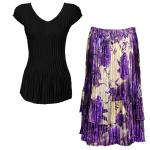 Sets Satin Mini Pleat - Cap Sleeve V Neck/Skirt - Solid Black - Rose Floral-Purple Skirt
