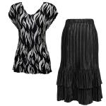 Sets Satin Mini Pleat - Cap Sleeve V Neck/Skirt - White Buds on Black - Black Skirt