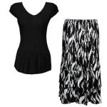 Sets Satin Mini Pleat - Cap Sleeve V Neck/Skirt - Solid Black - White Buds on Black Skirt