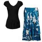 Sets Satin Mini Pleat - Cap Sleeve V Neck/Skirt - Solid Black - White Tulips on Teal Skirt