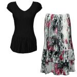 Sets Satin Mini Pleat - Cap Sleeve V Neck/Skirt - Solid Black - White-Black-Pink Skirt