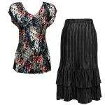 Sets Satin Mini Pleat - Cap Sleeve V Neck/Skirt - White-Black-Red Abstract - Black Skirt
