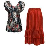 Sets Satin Mini Pleat - Cap Sleeve V Neck/Skirt - White-Black-Red Abstract - Red Skirt