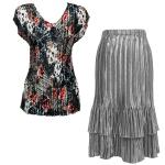 Sets Satin Mini Pleat - Cap Sleeve V Neck/Skirt - White-Black-Red Abstract - Silver Skirt
