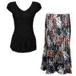 Sets Satin Mini Pleat - Cap Sleeve V Neck/Skirt - Solid Black - White-Black-Red Abstract Skirt