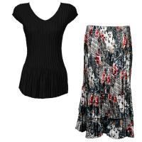 Sets Satin Mini Pleat - Cap Sleeve V Neck/Skirt - Solid Black - White-Black-Red Abstract Skirt