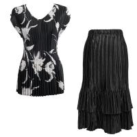 Sets Satin Mini Pleat - Cap Sleeve V Neck/Skirt - White Tulips on Black - Black Skirt