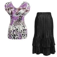 Sets Satin Mini Pleat - Cap Sleeve V Neck/Skirt - Reptile Floral-Purple - Black Skirt