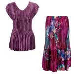 Sets Satin Mini Pleat - Cap Sleeve V Neck/Skirt - Solid Eggplant - Red-Blue Flower Skirt