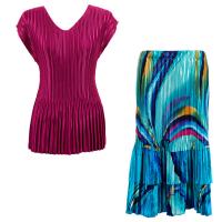 Sets Satin Mini Pleat - Cap Sleeve V Neck/Skirt - Solid Magenta - Half Moon Blue-Yellow Skirt