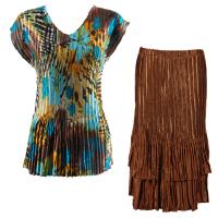 Sets Satin Mini Pleat - Cap Sleeve V Neck/Skirt - Jungle Floral Turquoise - Brown Skirt