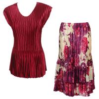 Sets Satin Mini Pleat - Cap Sleeve V Neck/Skirt - Solid Ruby - Rose Floral-Berry Skirt