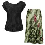 Sets Satin Mini Pleat - Cap / Skirt  - Solid Black - Multi Green Floral Skirt