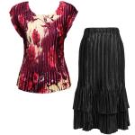 Sets Satin Mini Pleat - Cap / Skirt  - Rose Floral-Berry - Black Skirt