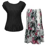Sets Satin Mini Pleat - Cap / Skirt  - Solid Black - White-Black-Pink Floral Skirt