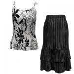 Sets Satin Mini Pleat - Spaghetti Tank - Floral-Black on White - Black Skirt