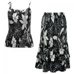 Sets Satin Mini Pleat - Spaghetti Tank - Floral-White on Black