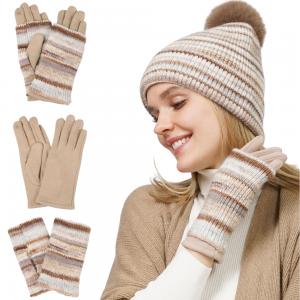 Wholesale 3808 - Striped Knit Beanies & Overlay Gloves