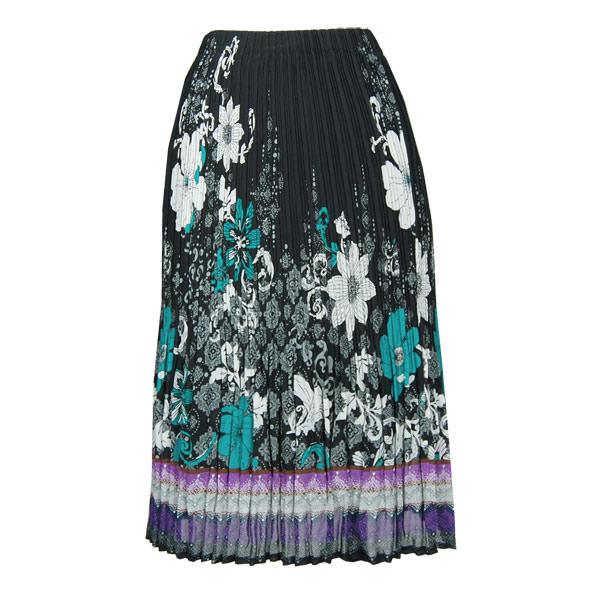 1013 - Georgette Mini Pleat Calf Length Skirts Print Border Black-Teal-Purple - One Size Fits Most