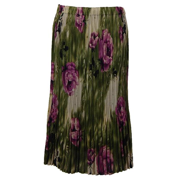 1013 - Georgette Mini Pleat Calf Length Skirts Roses Olive-Purple - One Size Fits Most